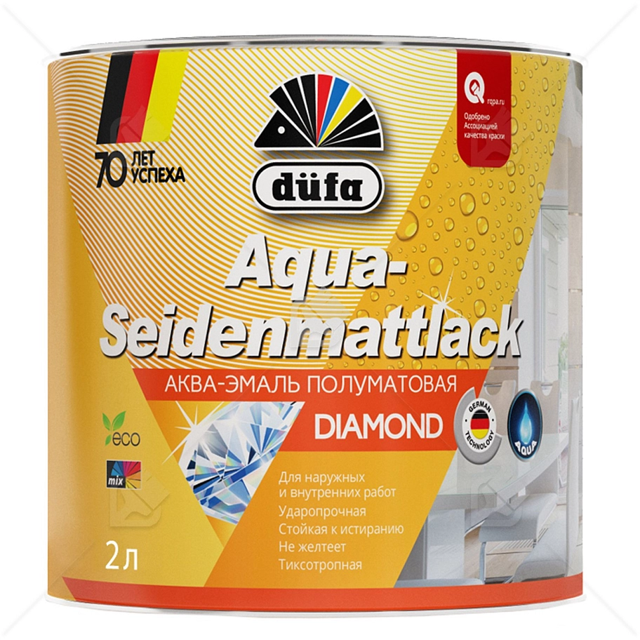 Эмаль для дерева и металла акриловая Dufa Aqua-Seidenmattlack полуматовая белая 2 л